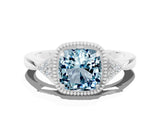 White gold Cushion Cut Aquamarine Halo Ring with Tapered Band and Four-Prong Setting