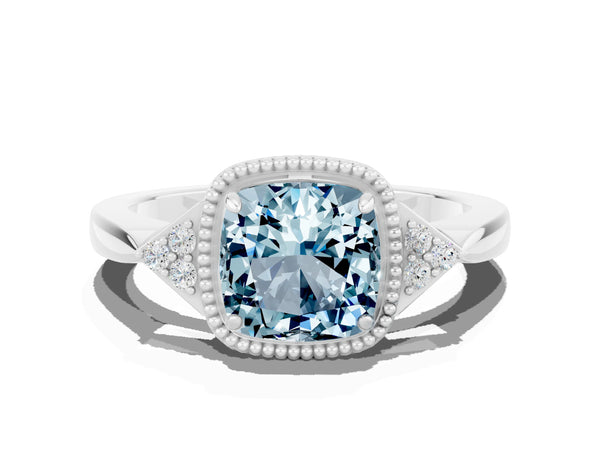 Platinum Cushion Cut Aquamarine Halo Ring with Tapered Band and Four-Prong Setting