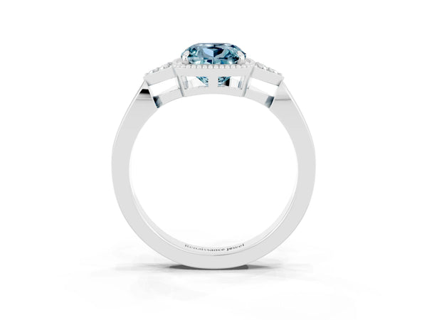 White gold Cushion Cut Aquamarine Halo Ring with Tapered Band and Four-Prong Setting