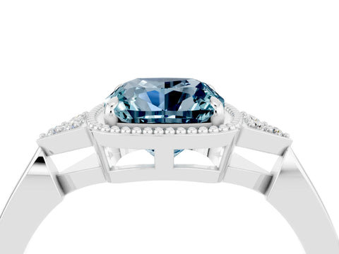 White gold Cushion Cut Aquamarine Halo Ring with Tapered Band and Four-Prong Setting_4