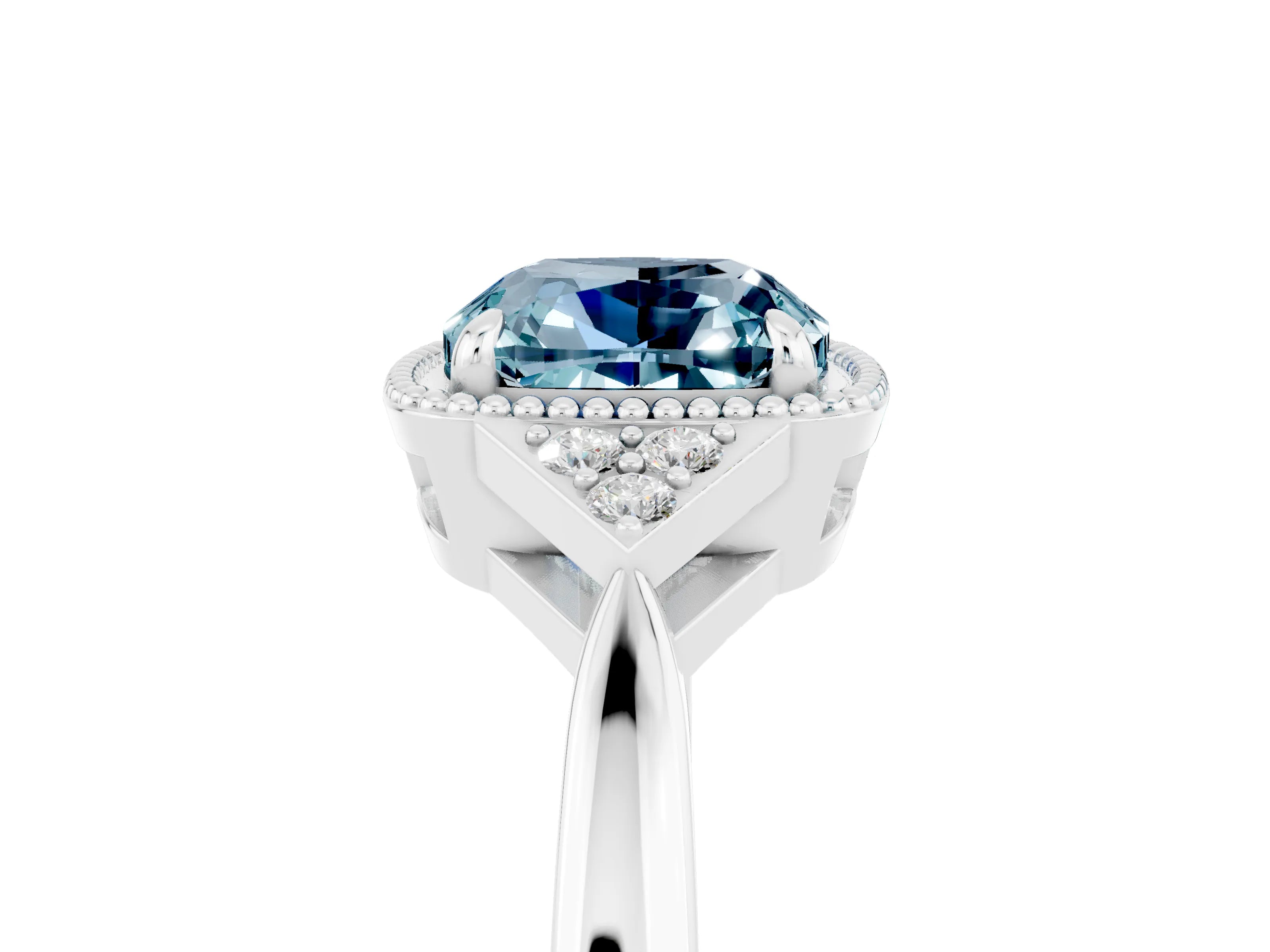 White gold Cushion Cut Aquamarine Halo Ring with Tapered Band and Four-Prong Setting_5