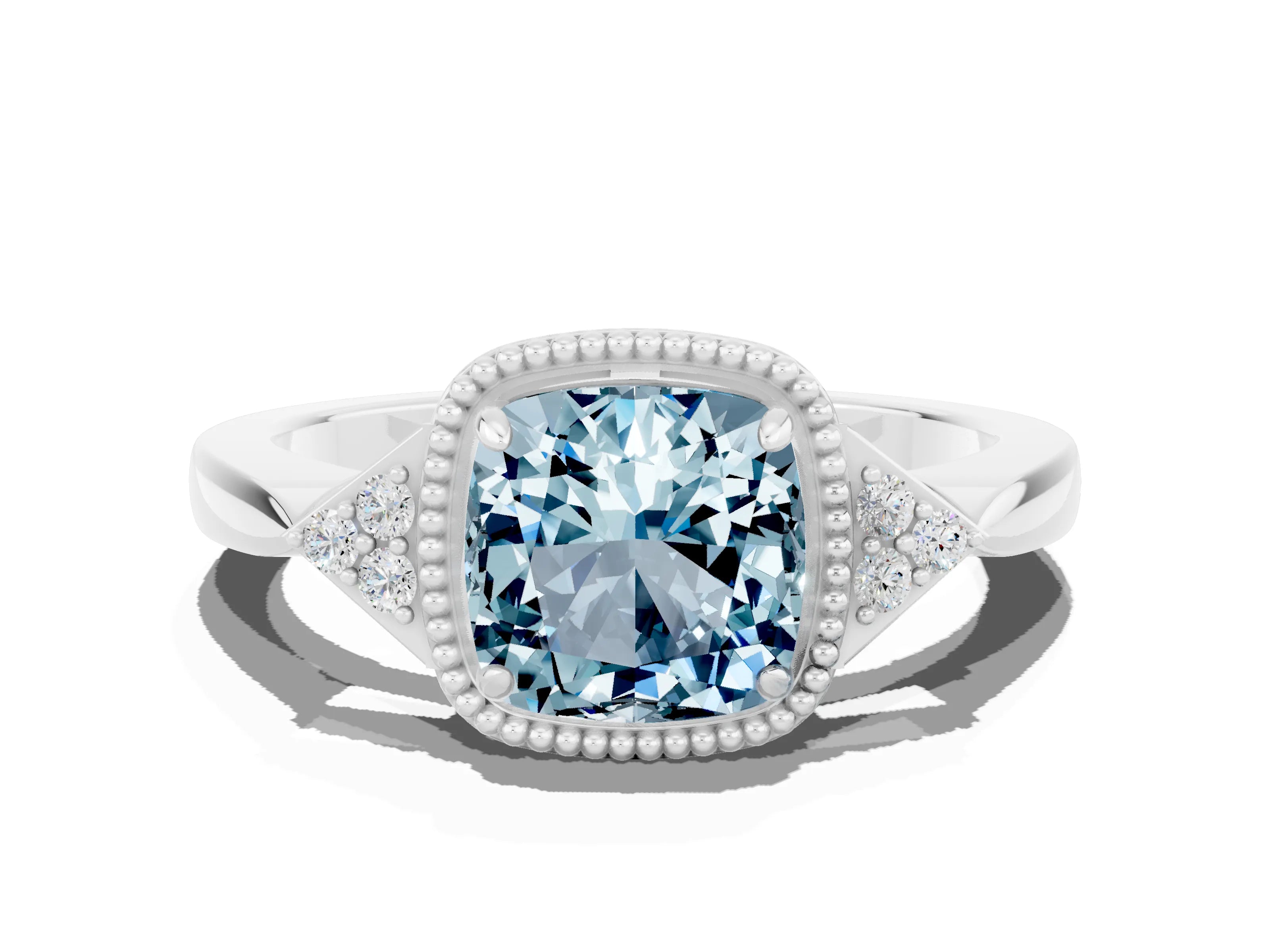 White gold Cushion Cut Aquamarine Halo Ring with Tapered Band and Four-Prong Setting