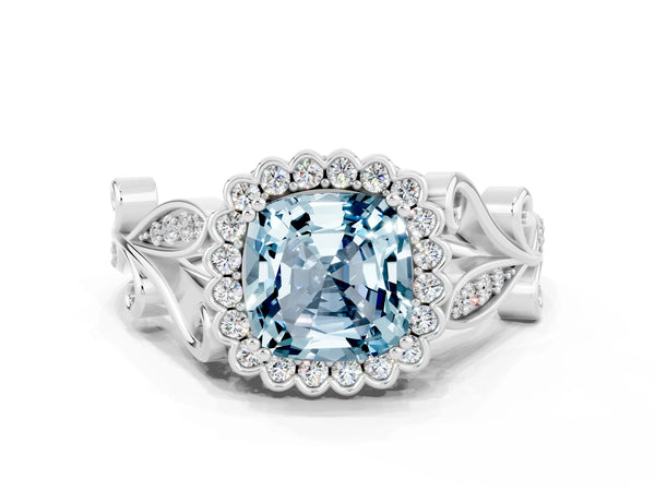 Platinum Cushion Cut Aquamarine Halo Ring with Vintage Split Shank and Four-Prong Setting