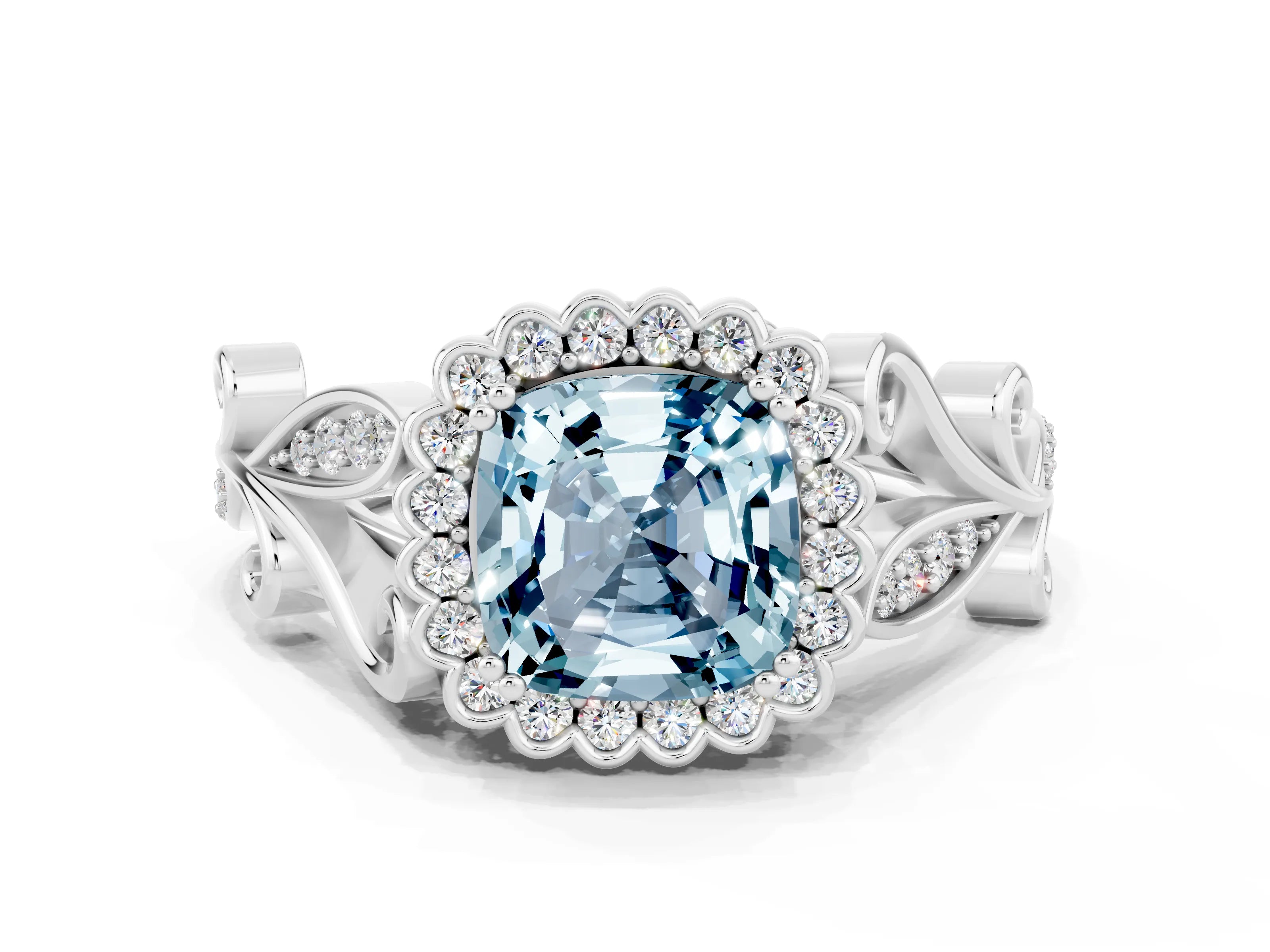 White gold Cushion Cut Aquamarine Halo Ring with Vintage Split Shank and Four-Prong Setting_24