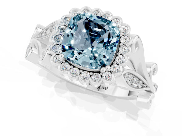 Silver Cushion Cut Aquamarine Halo Ring with Vintage Split Shank and Four-Prong Setting