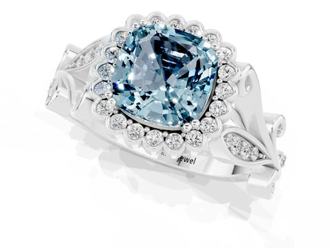White gold Cushion Cut Aquamarine Halo Ring with Vintage Split Shank and Four-Prong Setting_25