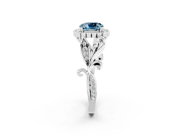 Silver Cushion Cut Aquamarine Halo Ring with Vintage Split Shank and Four-Prong Setting