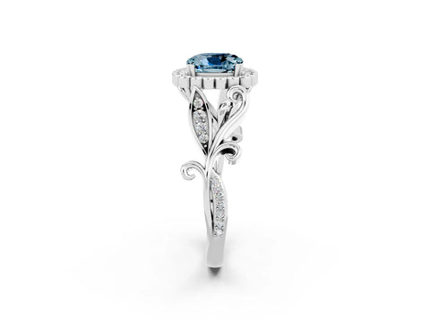 White gold Cushion Cut Aquamarine Halo Ring with Vintage Split Shank and Four-Prong Setting_26