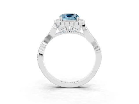 White gold Cushion Cut Aquamarine Halo Ring with Vintage Split Shank and Four-Prong Setting_27