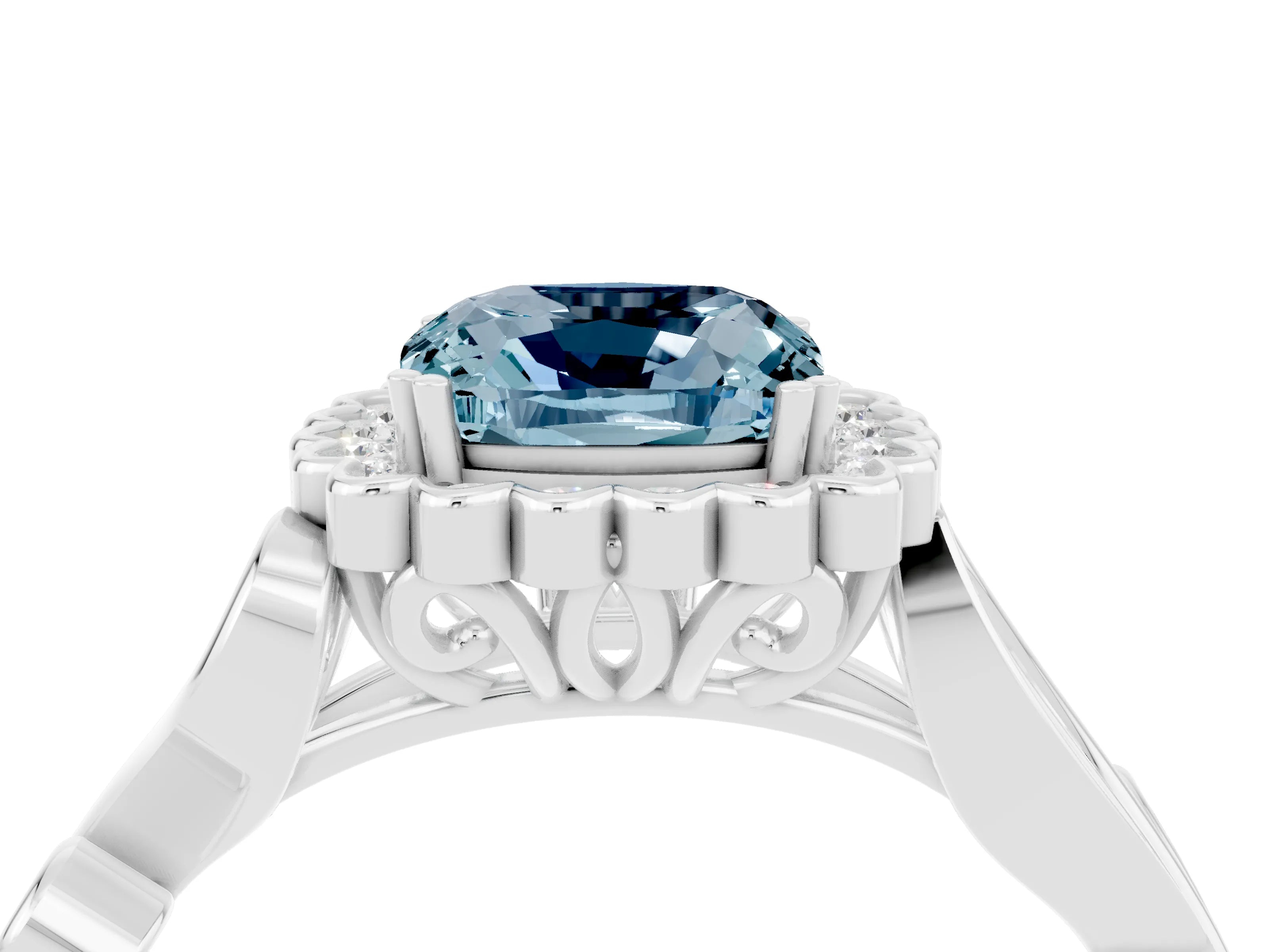 White gold Cushion Cut Aquamarine Halo Ring with Vintage Split Shank and Four-Prong Setting_28