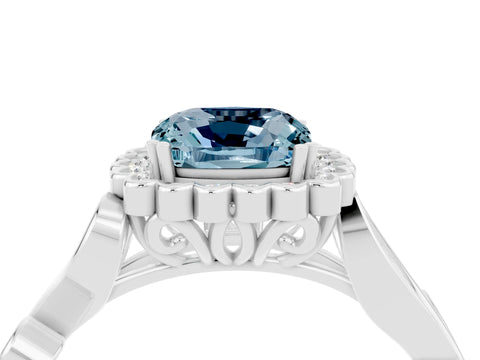 White gold Cushion Cut Aquamarine Halo Ring with Vintage Split Shank and Four-Prong Setting_28