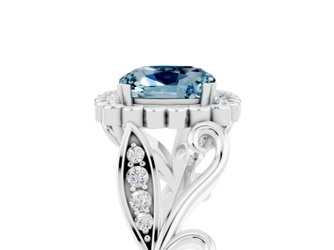 White gold Cushion Cut Aquamarine Halo Ring with Vintage Split Shank and Four-Prong Setting_29