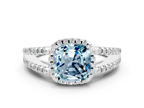 White gold Cushion Cut Aquamarine Halo Split Shank Engagement Ring