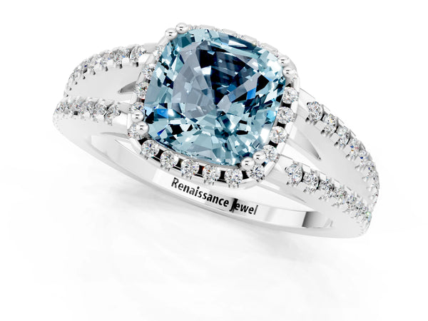 Platinum Cushion Cut Aquamarine Halo Split Shank Engagement Ring