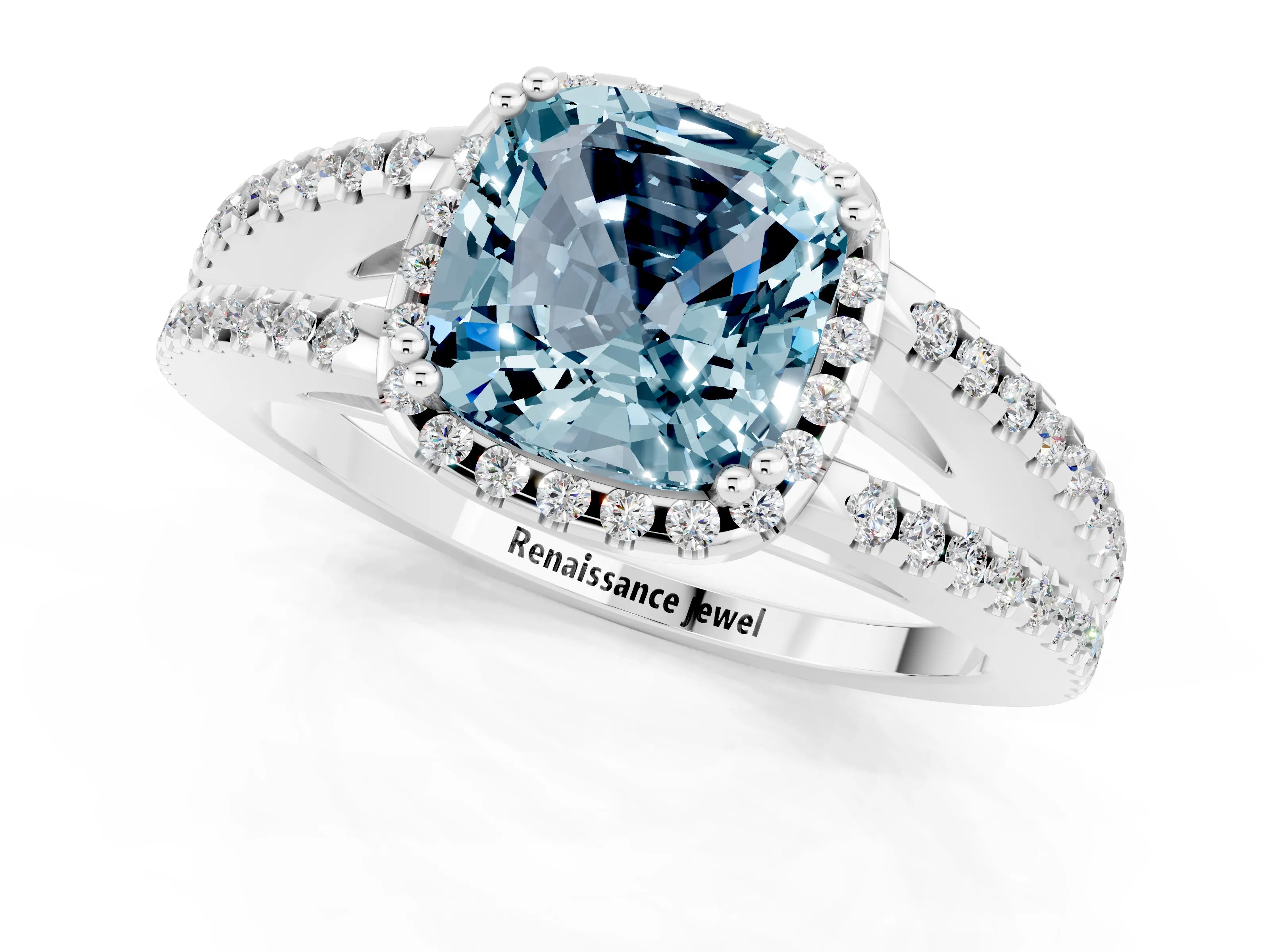 White gold Cushion Cut Aquamarine Halo Split Shank Engagement Ring_13