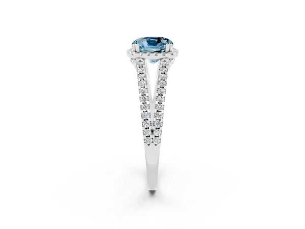 Platinum Cushion Cut Aquamarine Halo Split Shank Engagement Ring