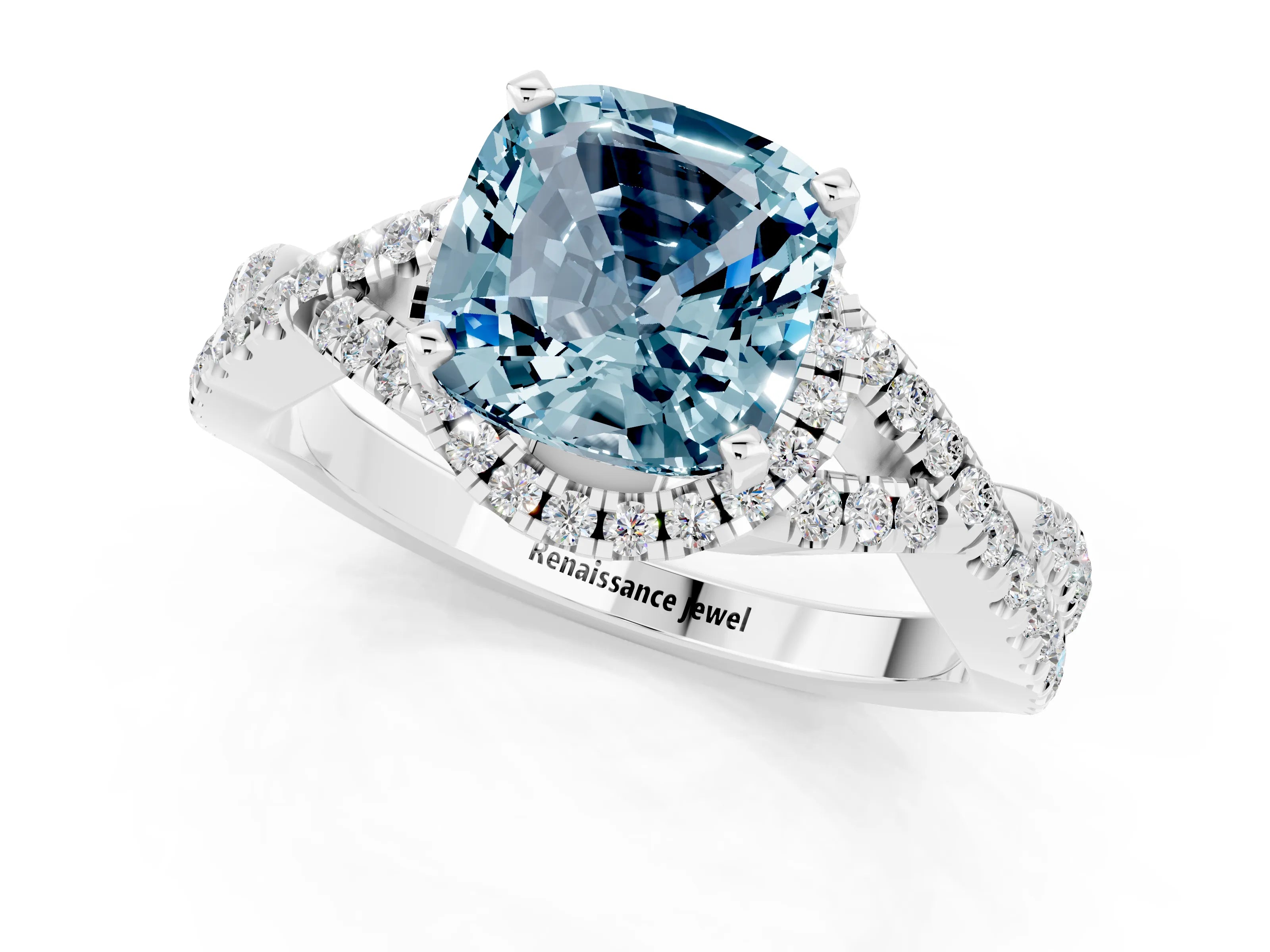 White gold Cushion Cut Aquamarine Halo Twist Band Solitaire Prong Setting Ring_1