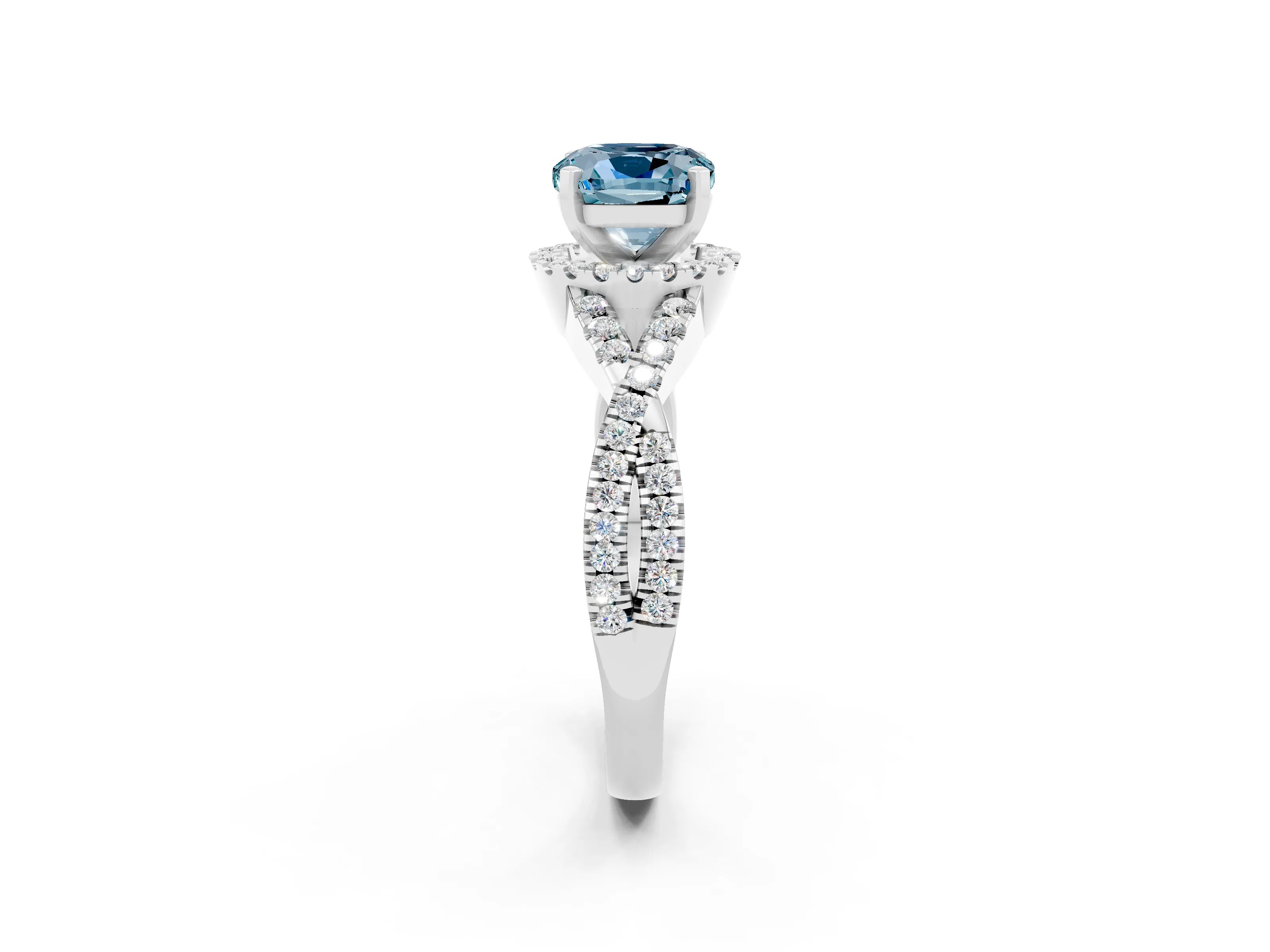White gold Cushion Cut Aquamarine Halo Twist Band Solitaire Prong Setting Ring_2