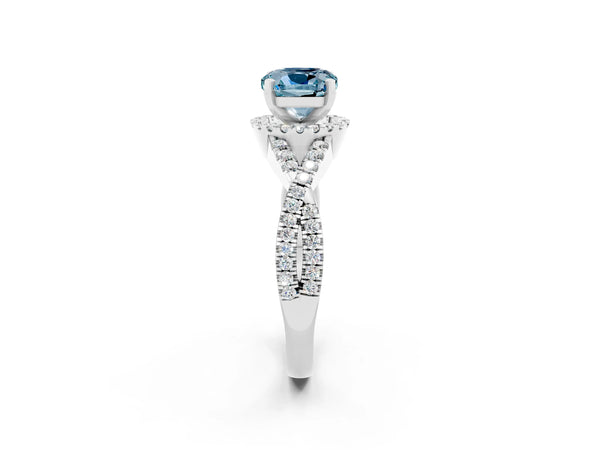 Platinum Cushion Cut Aquamarine  Halo Twist Band Solitaire Prong Setting Ring