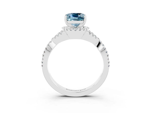 Platinum Cushion Cut Aquamarine  Halo Twist Band Solitaire Prong Setting Ring