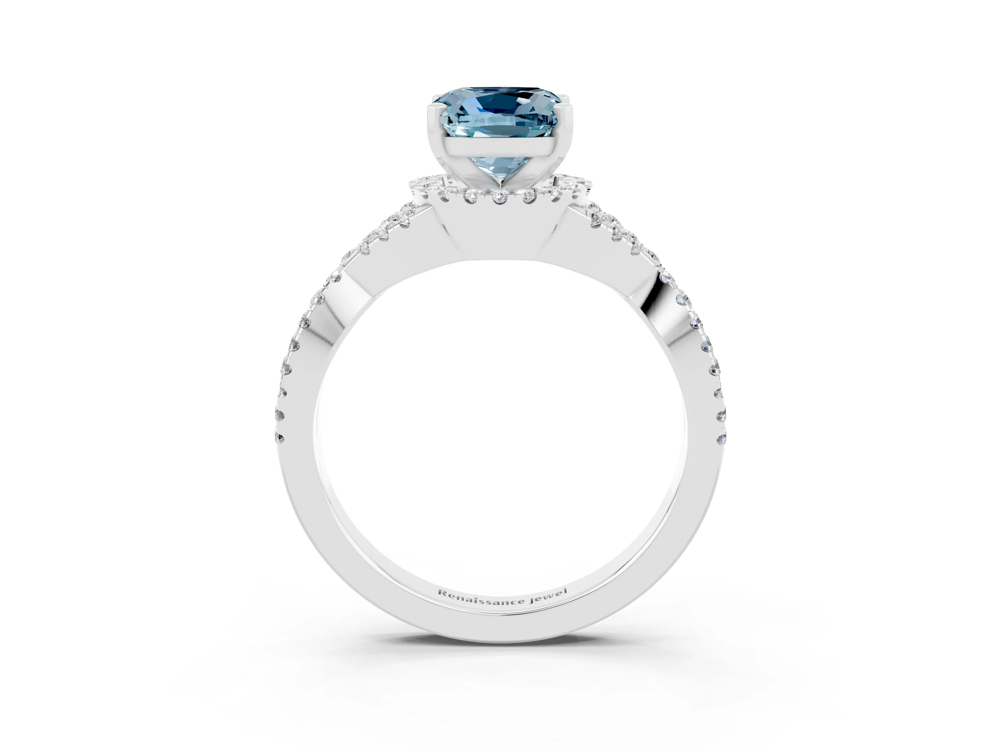 White gold Cushion Cut Aquamarine Halo Twist Band Solitaire Prong Setting Ring_3
