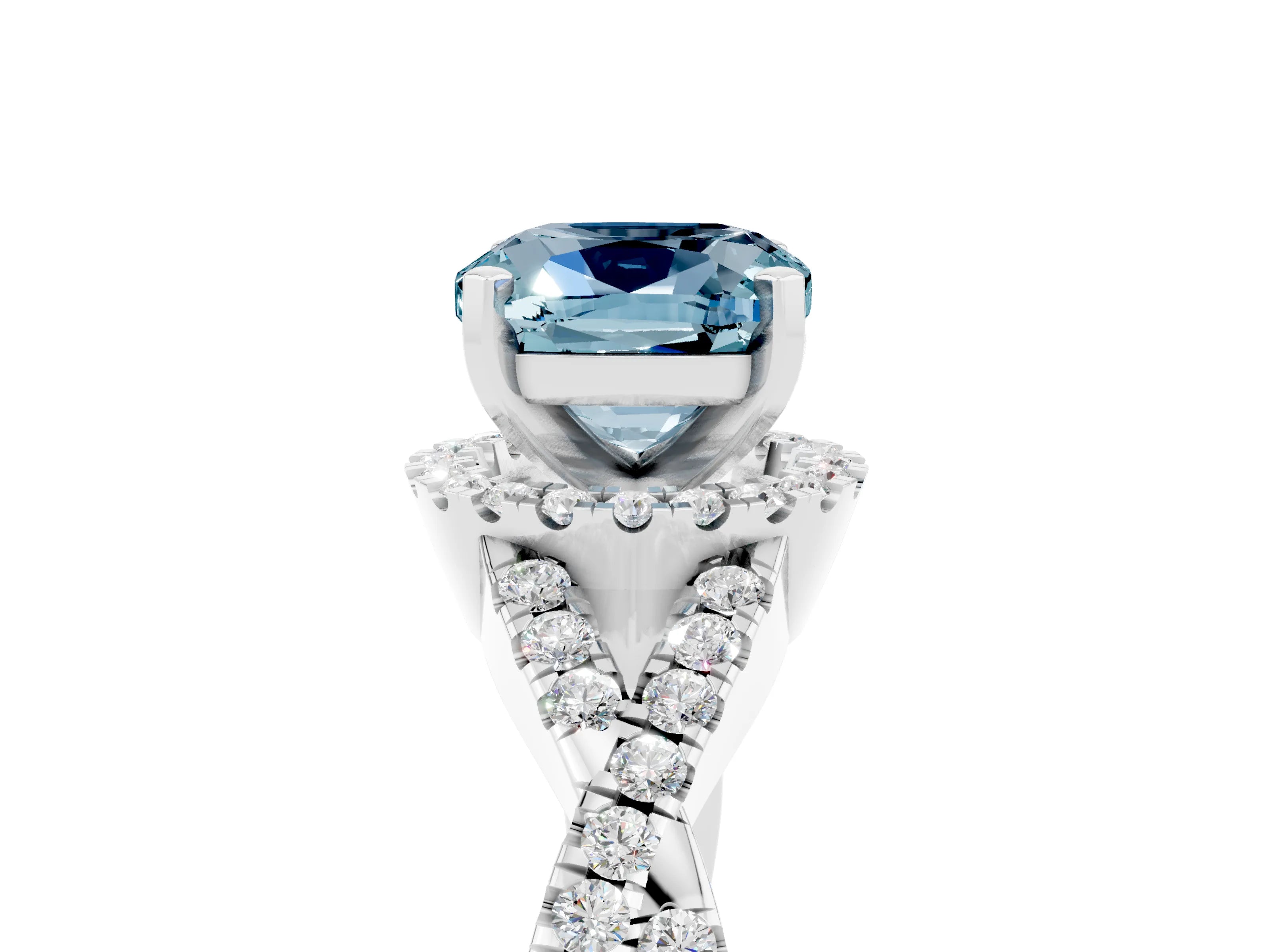 White gold Cushion Cut Aquamarine Halo Twist Band Solitaire Prong Setting Ring_5