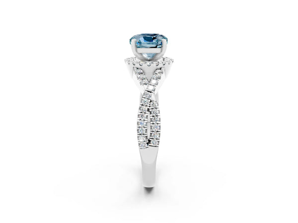 White gold Cushion Cut Aquamarine  Halo Twist Band Solitaire Prong Setting Ring
