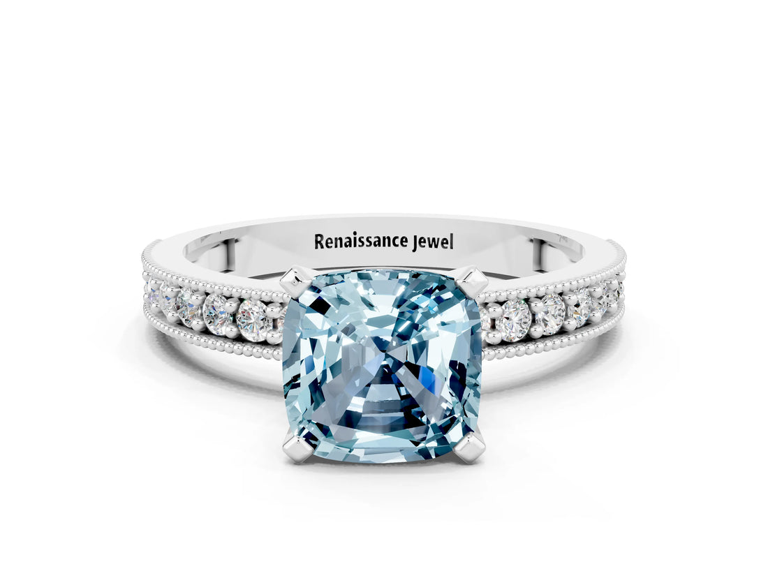 White gold Cushion Cut Aquamarine Milgrain Pavé Engagement Ring with Four-Prong Setting_12