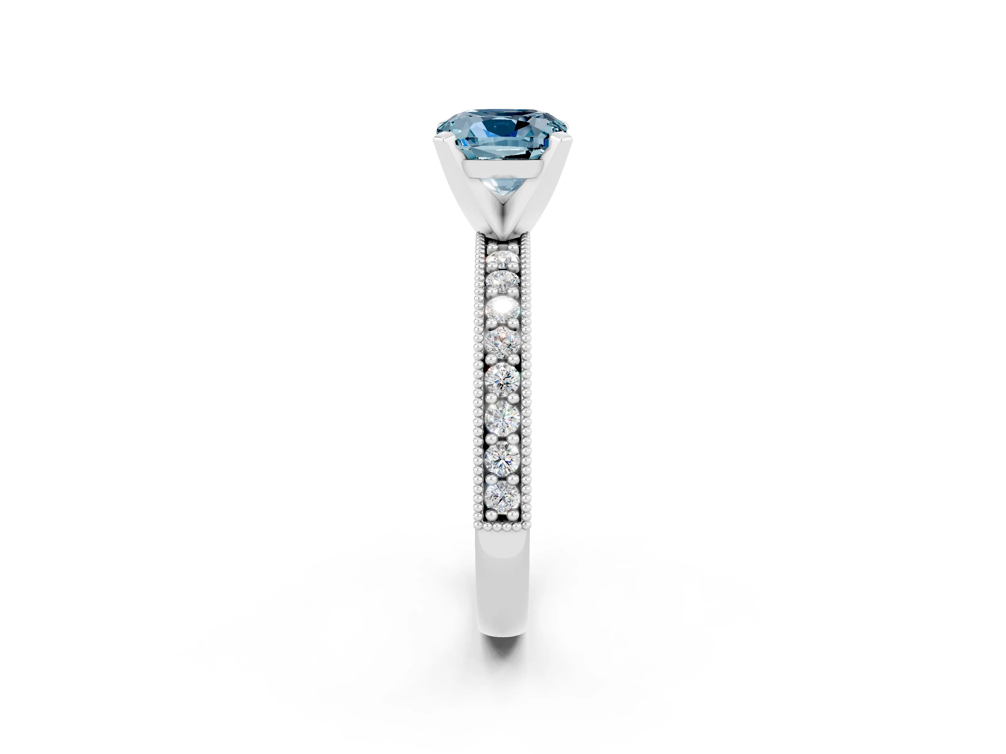 White gold Cushion Cut Aquamarine Milgrain Pavé Engagement Ring with Four-Prong Setting_14