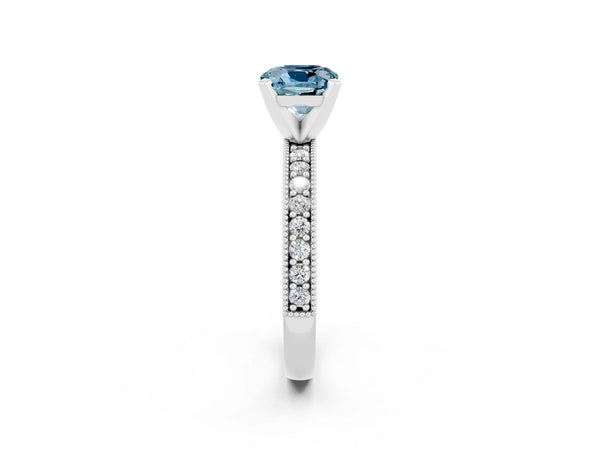 Silver Cushion Cut Aquamarine Milgrain Pavé Engagement Ring with Four-Prong Setting