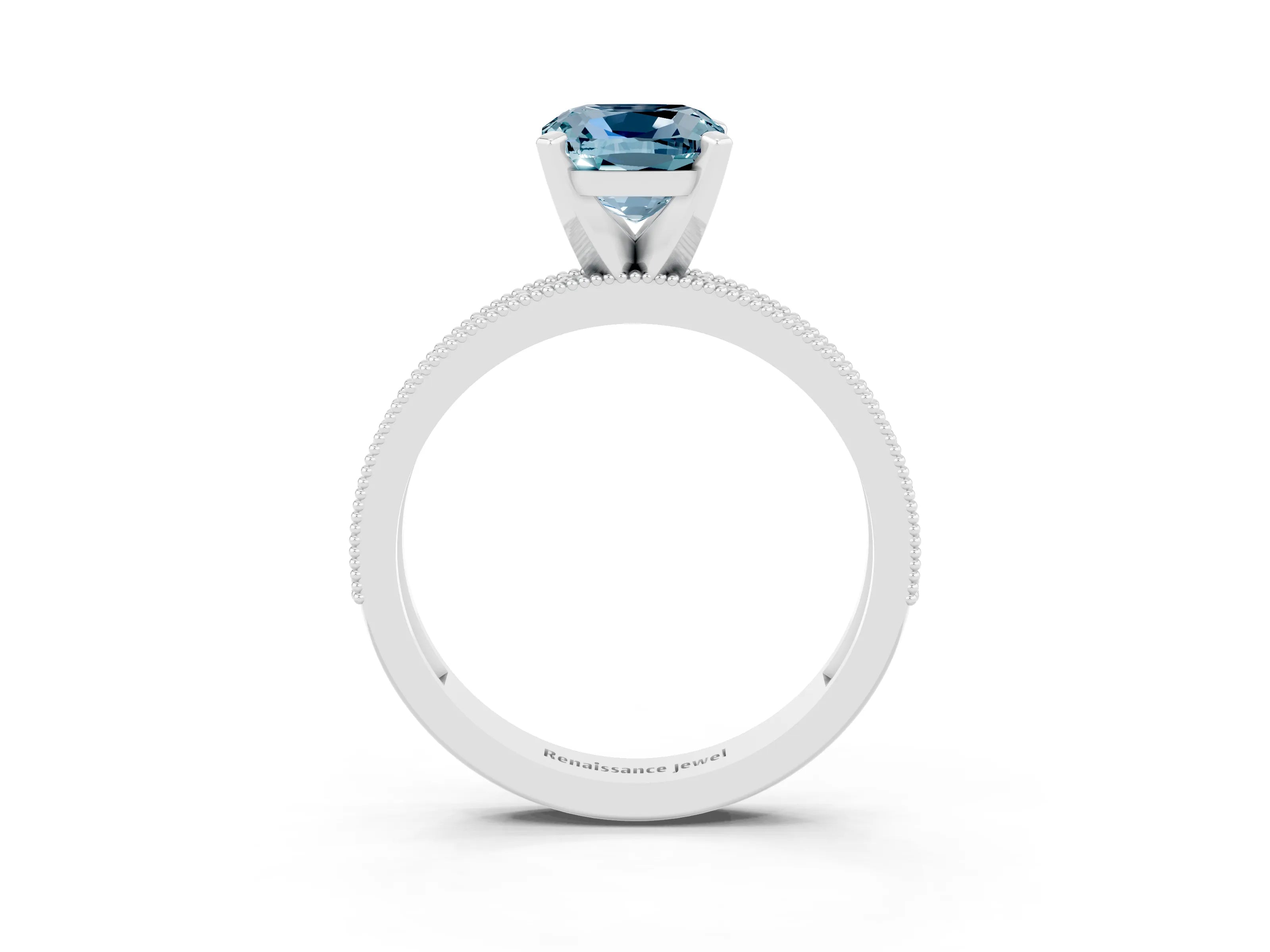 White gold Cushion Cut Aquamarine Milgrain Pavé Engagement Ring with Four-Prong Setting_15