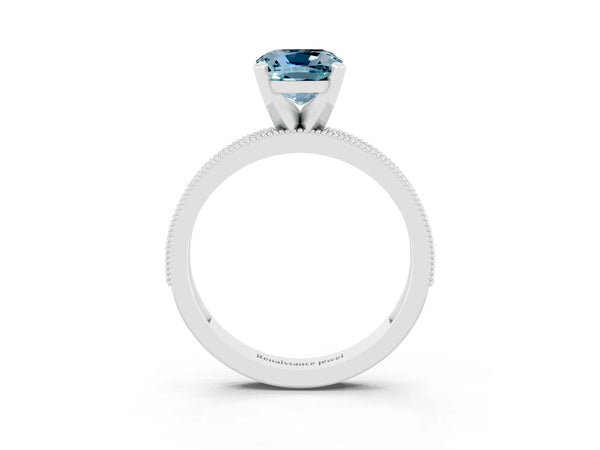 Platinum Cushion Cut Aquamarine Milgrain Pavé Engagement Ring with Four-Prong Setting