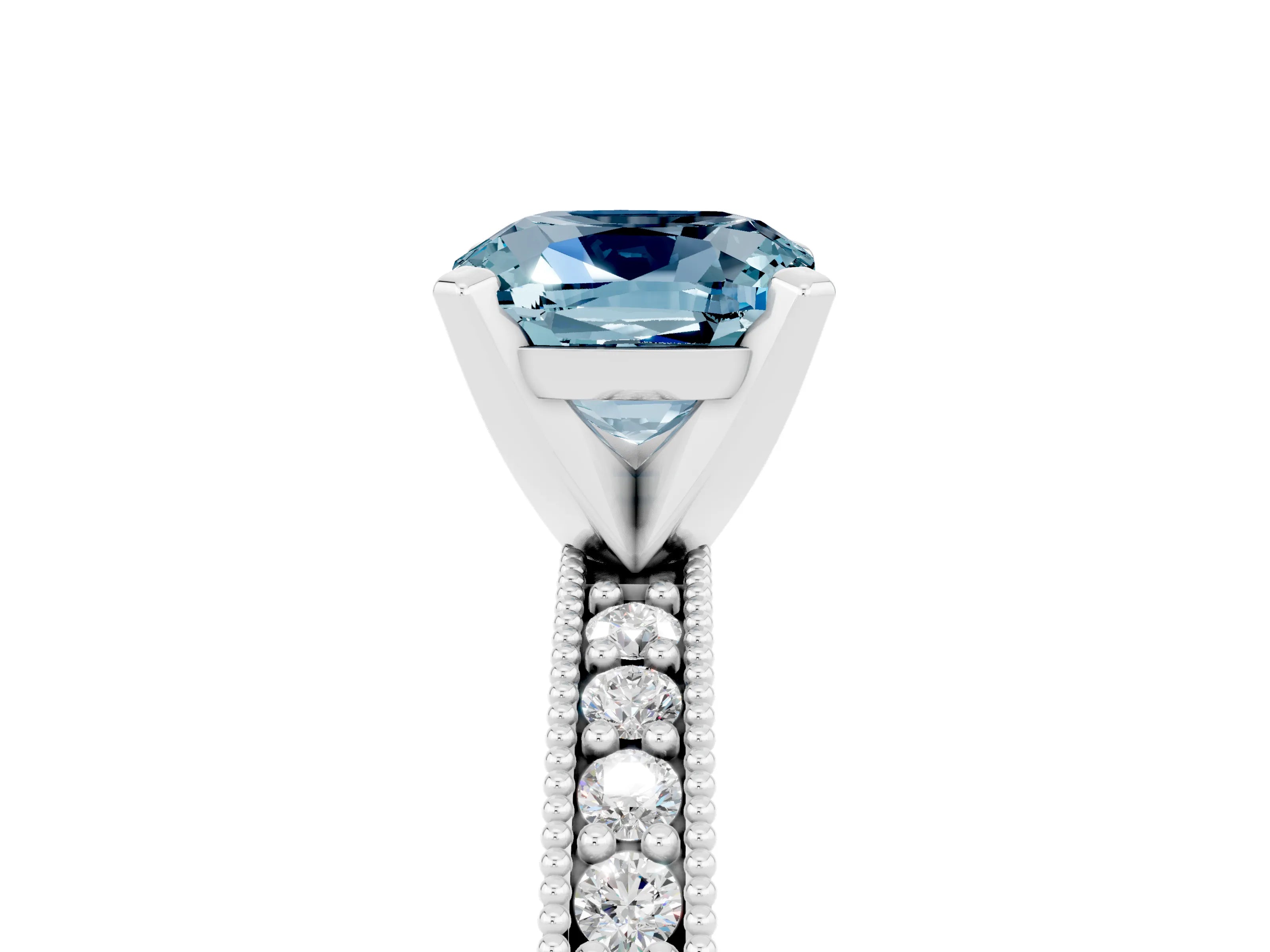 White gold Cushion Cut Aquamarine Milgrain Pavé Engagement Ring with Four-Prong Setting_17