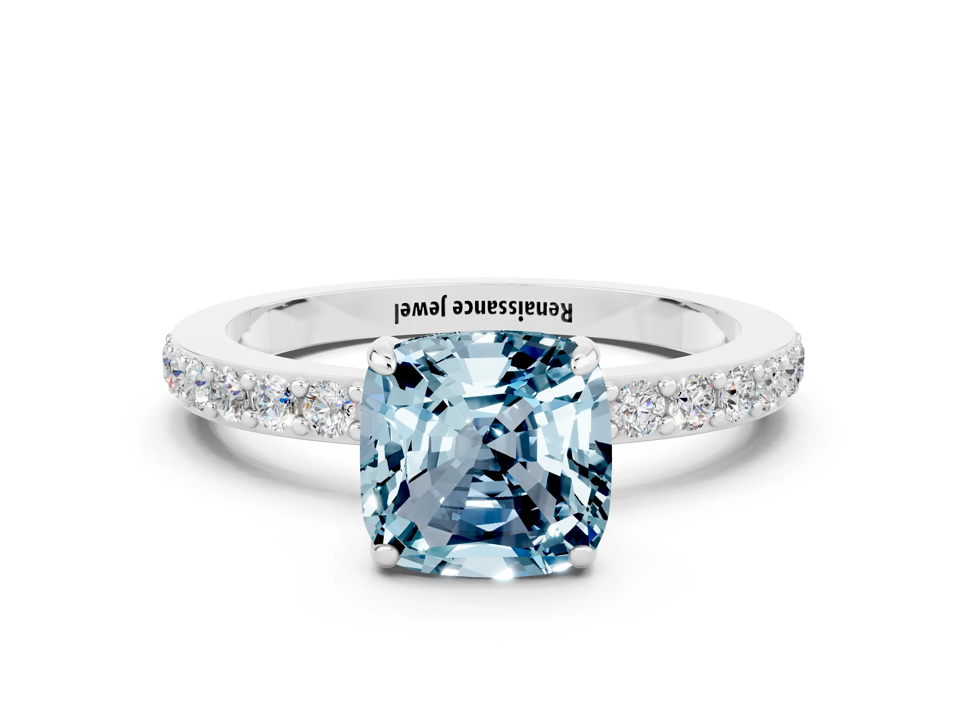 White gold Cushion Cut Aquamarine Pavé Engagement Ring with Round  Accents and Prong Setting_24