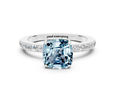 White gold Cushion Cut Aquamarine Pavé Engagement Ring with Round  Accents and Prong Setting_24