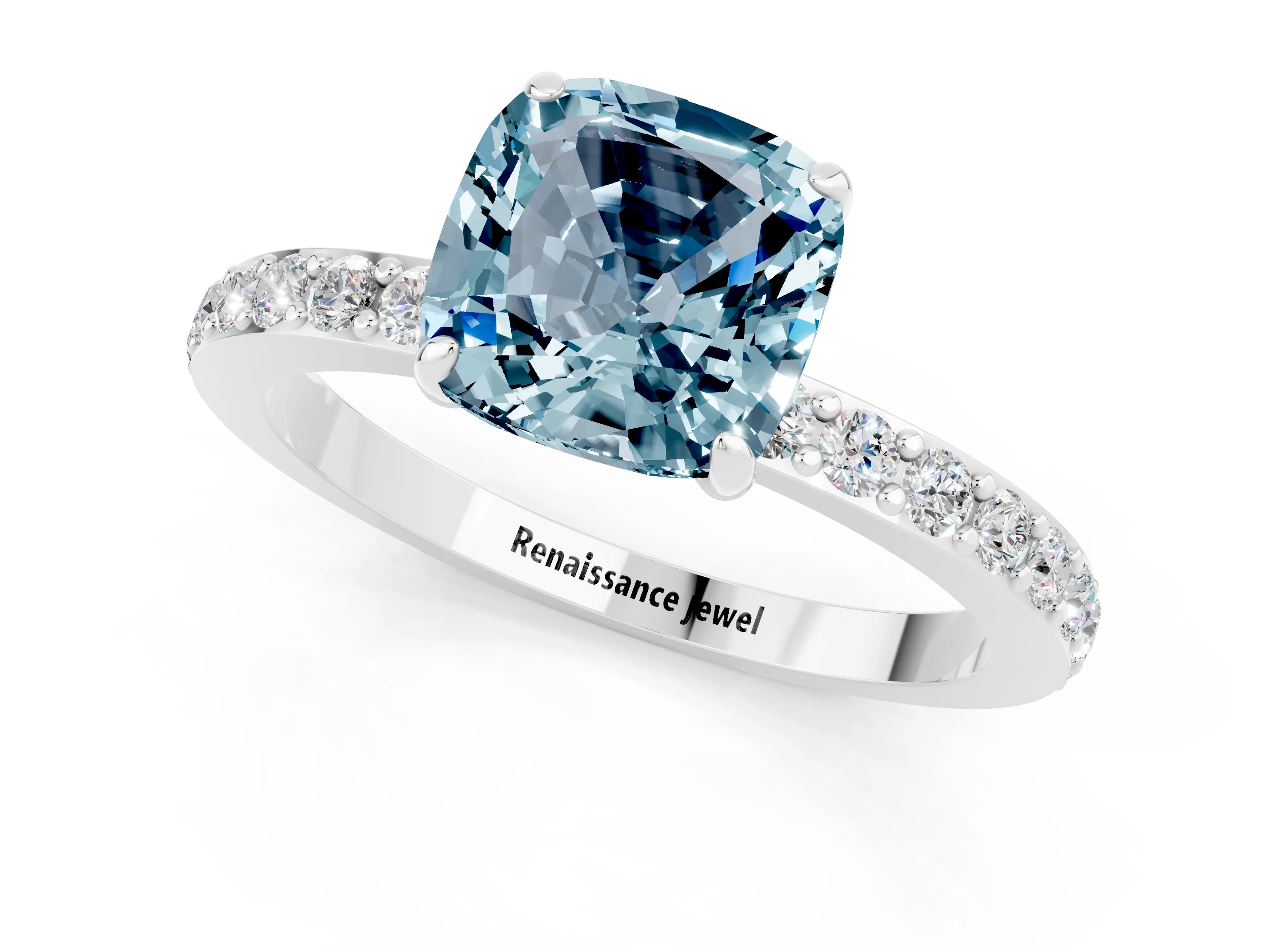 White gold Cushion Cut Aquamarine Pavé Engagement Ring with Round  Accents and Prong Setting_25