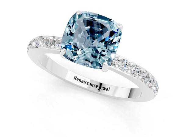 Platinum Cushion Cut Aquamarine Pavé Engagement Ring with Round  Accents and Prong Setting