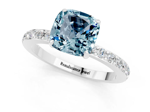 White gold Cushion Cut Aquamarine Pavé Engagement Ring with Round  Accents and Prong Setting_25