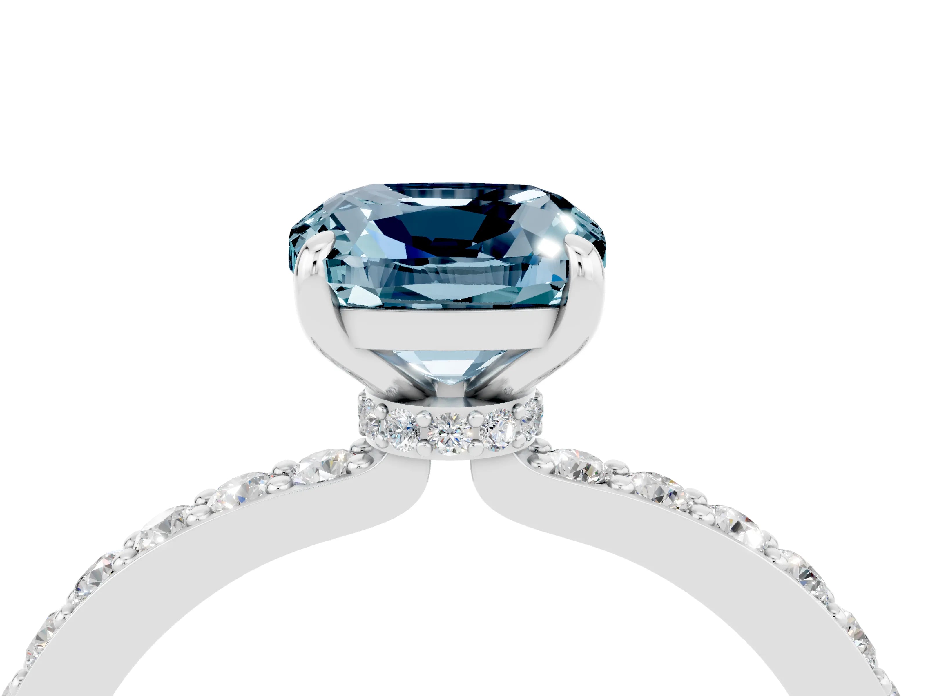 White gold Cushion Cut Aquamarine Pavé Engagement Ring with Round  Accents and Prong Setting_28