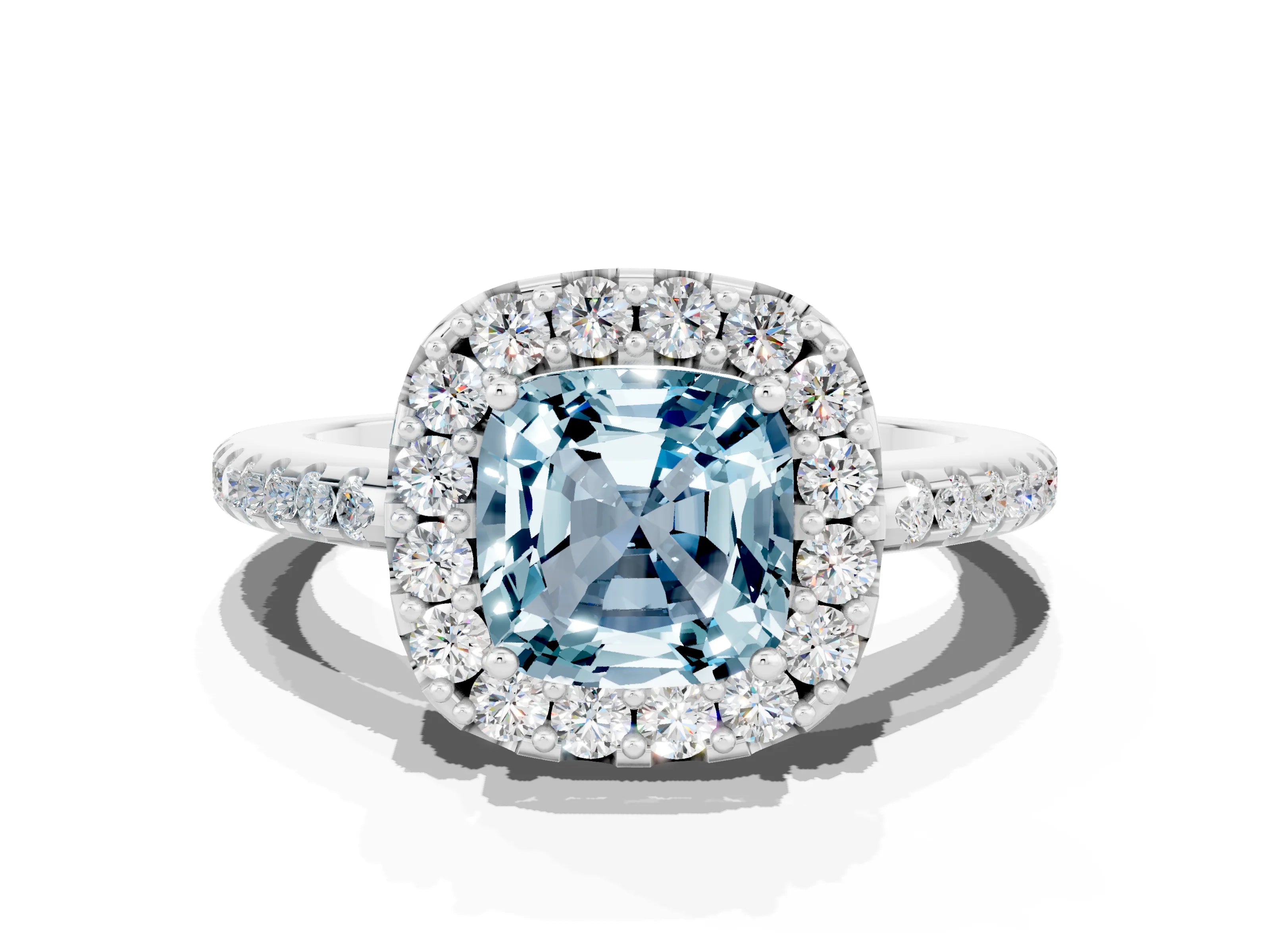 White gold Cushion Cut Aquamarine Pavé Halo Ring with Four-Prong Setting_12