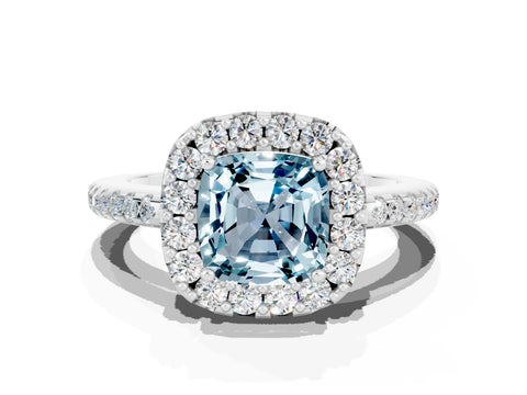 White gold Cushion Cut Aquamarine Pavé Halo Ring with Four-Prong Setting_12