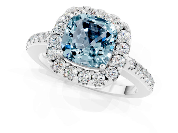 Platinum Cushion Cut Aquamarine Pavé Halo Ring with Four-Prong Setting