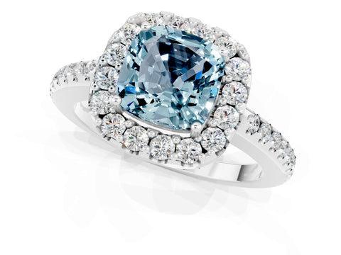 White gold Cushion Cut Aquamarine Pavé Halo Ring with Four-Prong Setting_13