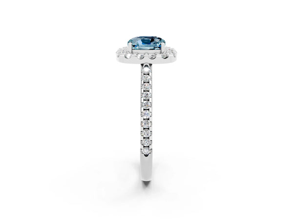 Silver Cushion Cut Aquamarine Pavé Halo Ring with Four-Prong Setting