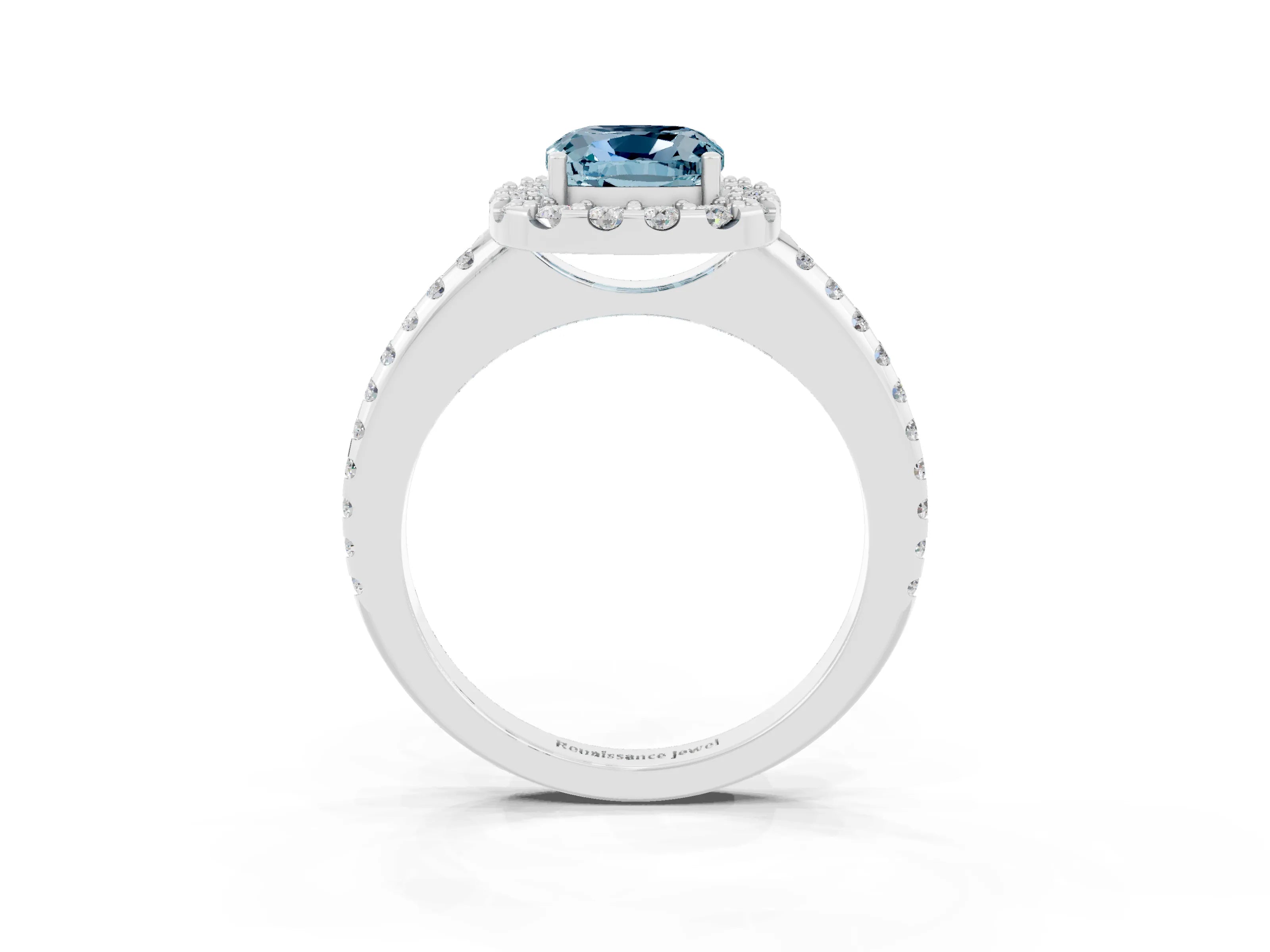 White gold Cushion Cut Aquamarine Pavé Halo Ring with Four-Prong Setting_15
