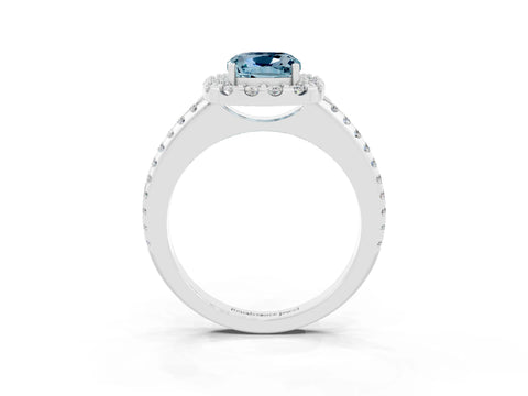 White gold Cushion Cut Aquamarine Pavé Halo Ring with Four-Prong Setting_15