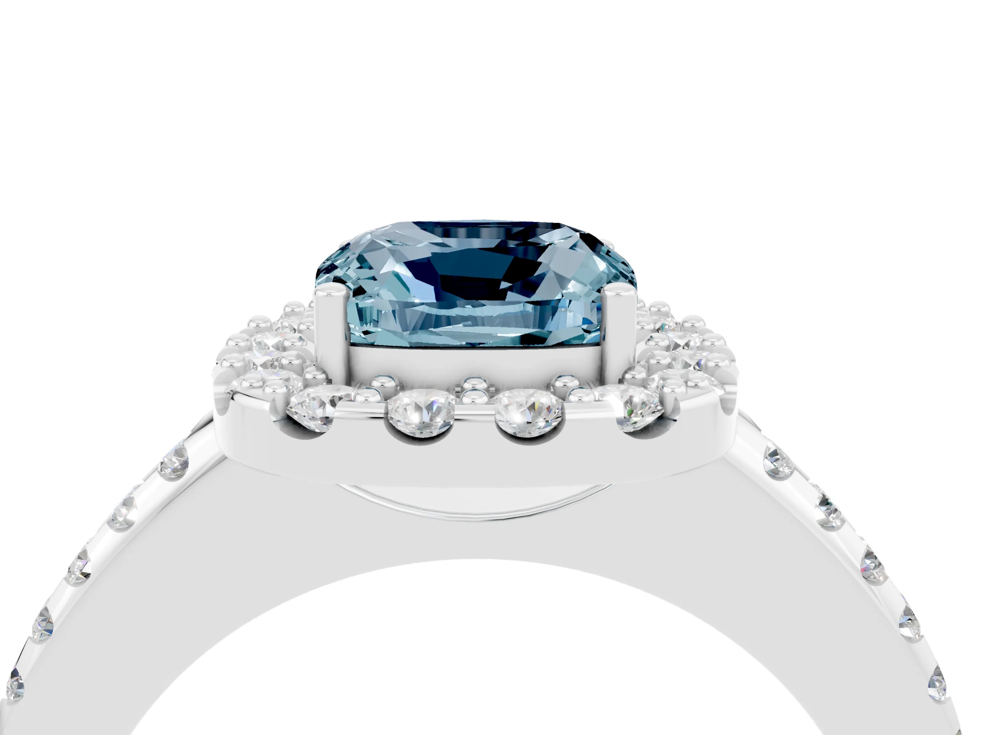 White gold Cushion Cut Aquamarine Pavé Halo Ring with Four-Prong Setting_16