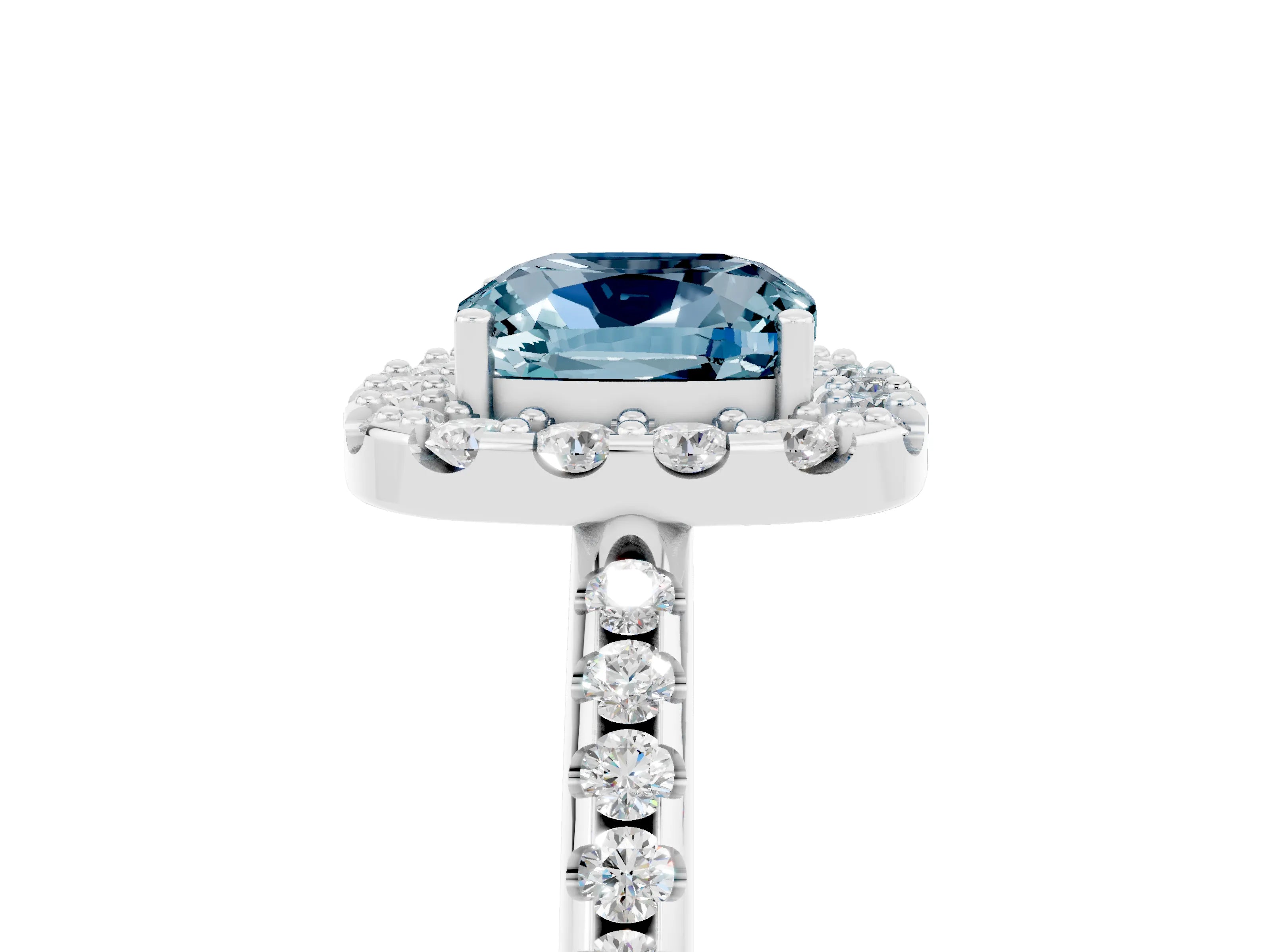 White gold Cushion Cut Aquamarine Pavé Halo Ring with Four-Prong Setting_17