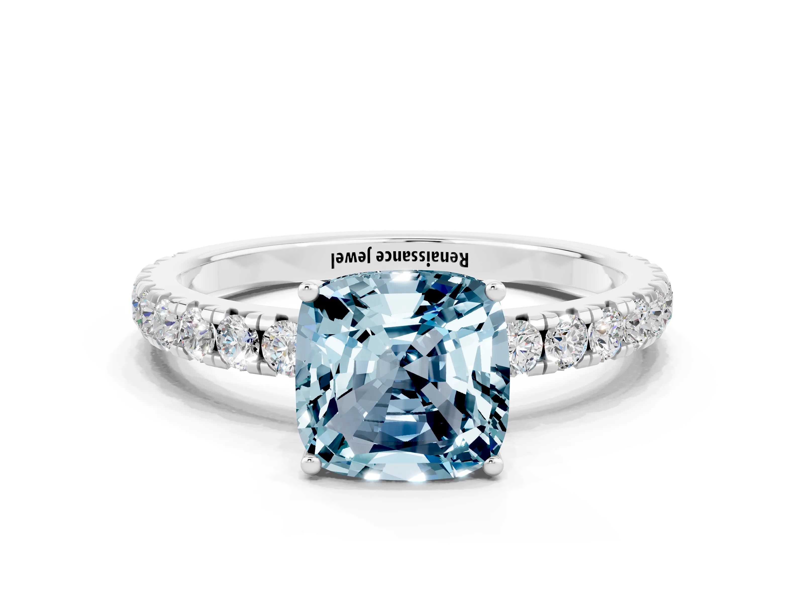 White gold Cushion Cut Aquamarine Pavé Solitaire Engagement Ring with Four-Prong Setting_12
