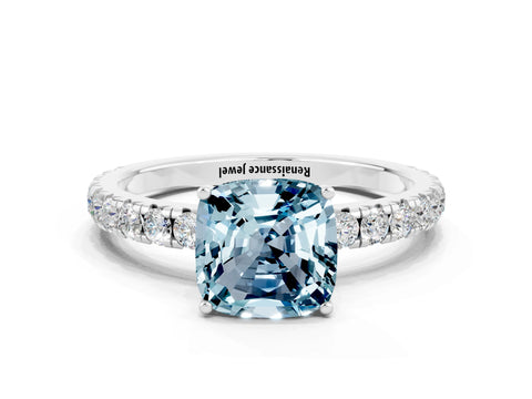 White gold Cushion Cut Aquamarine Pavé Solitaire Engagement Ring with Four-Prong Setting_12